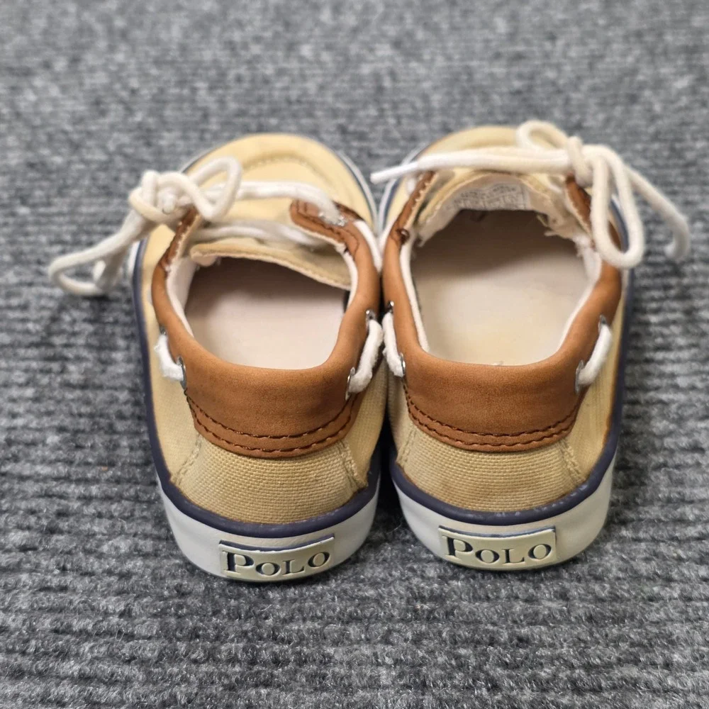 Polo Ralph Lauren Sander Leather Boat Shoes Boy's Size 11 Tan Brown Textile Lace